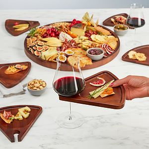 Acacia Wood Serving Board and Cocktail Appetizer Plates With Wine Glass Holders (7-Piece Set)