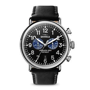 Mens' Runwell Chrono Black Leather Strap Watch Black Dial