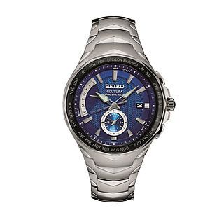 Mens Radio Sync Solar Dual Time SilverBlack Case Blue Dial