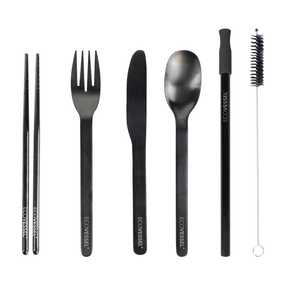 EcoVessel Wanderware 6-Piece Reusable SS Utensil Set wTravel Pouch - Black Stainless