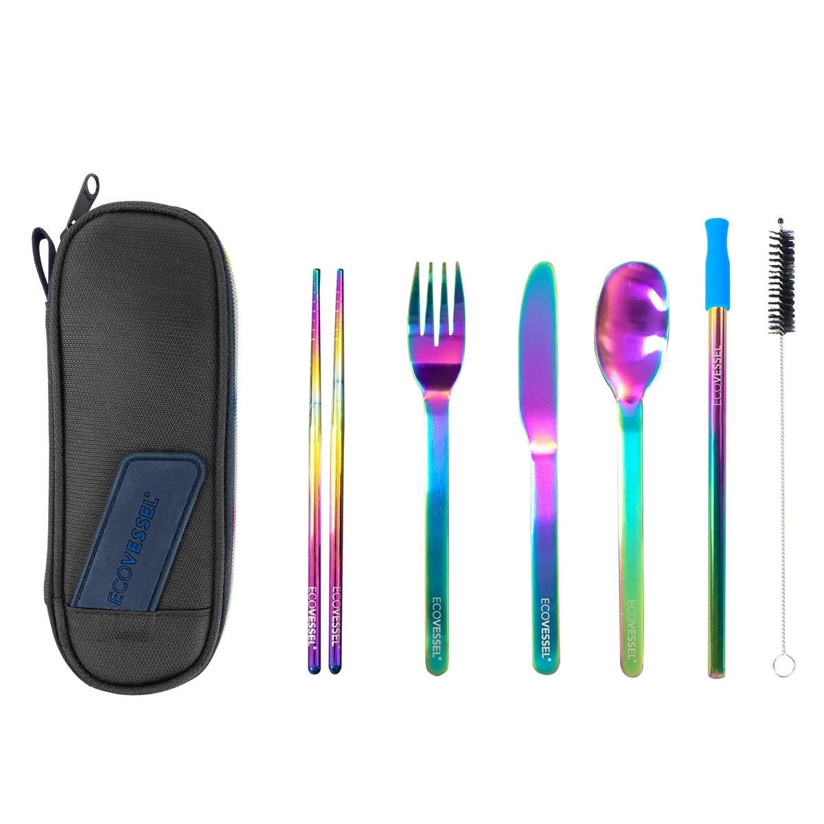EcoVessel Wandware 6-Piece Reusable SS Utensil Set wTravel Pouch - Rainbow