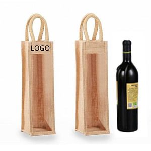 Clear Front Jute Single Bottle Wine Bag