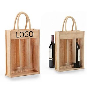 Clear Front Jute Triple Bottle Wine Bag