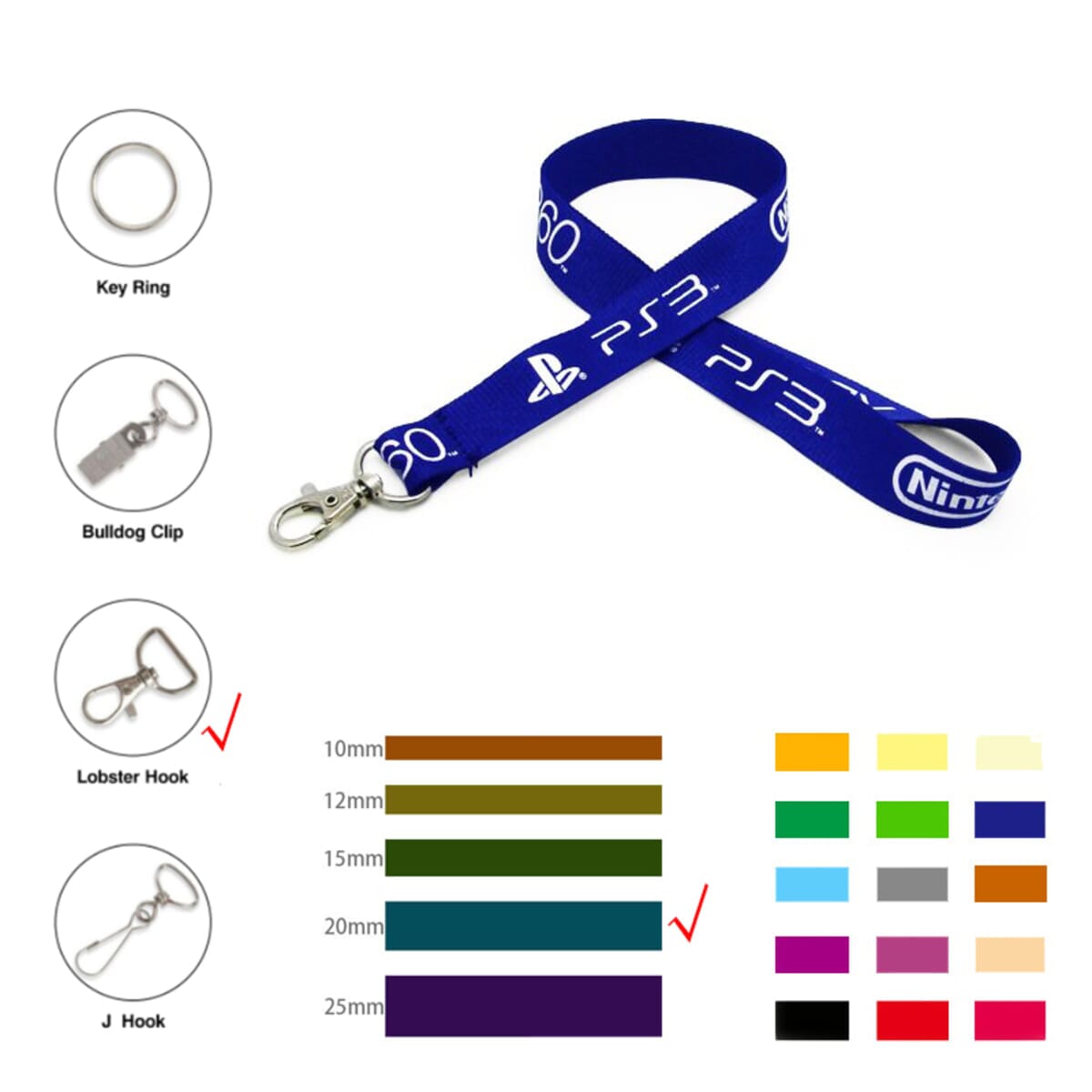 3/4" Wide Polyester Lanyard W/ Metal Lobster Hook