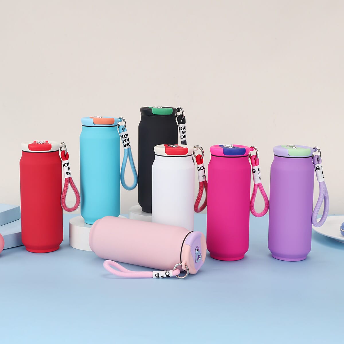 17 oz Rubberized Coated Can-Shaped Insulated Water Bottle W/ Handle Strap