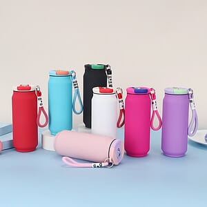 17 oz Rubberized Coated Can-Shaped Insulated Water Bottle W/ Handle Strap