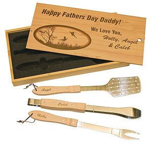 Three Piece BBQ Set in Wooden Pine Box with an engraved top