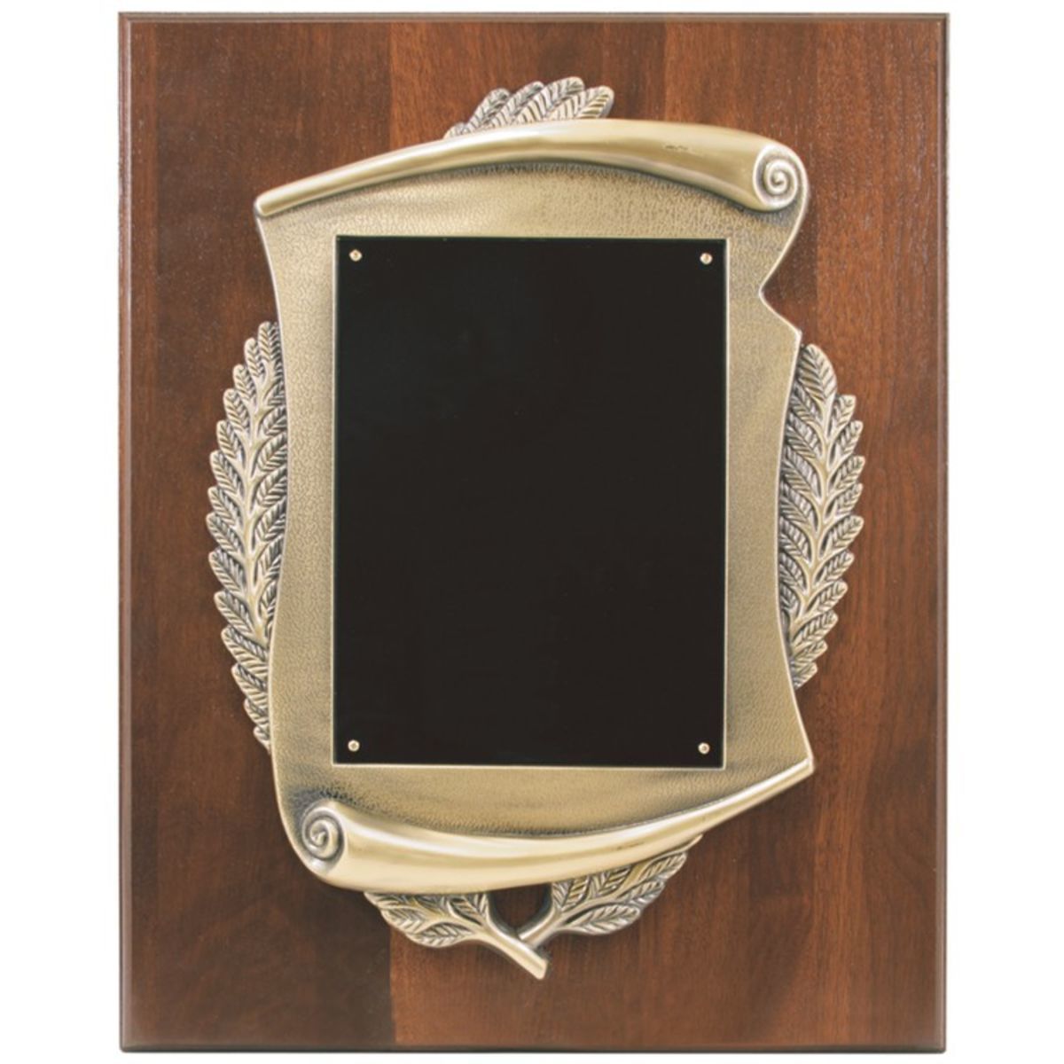 12" x 15" Walnut Step-Edge Plaque with Metal Scroll Frame.