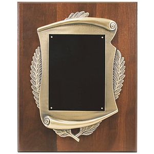 12" x 15" Walnut Step-Edge Plaque with Metal Scroll Frame.
