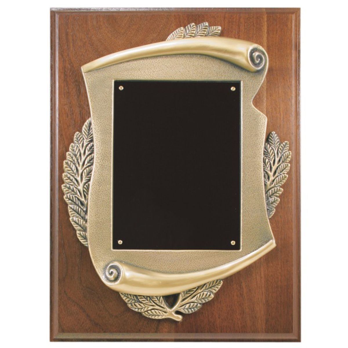 9" x 12" Walnut Step-Edge Plaque with Metal Scroll Frame.