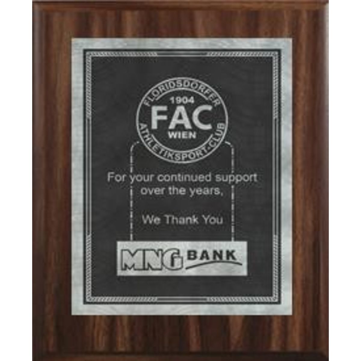 7" x 9" Classic Walnut Finish Plaque with a Smoke/Silver Victory Sunray Plate