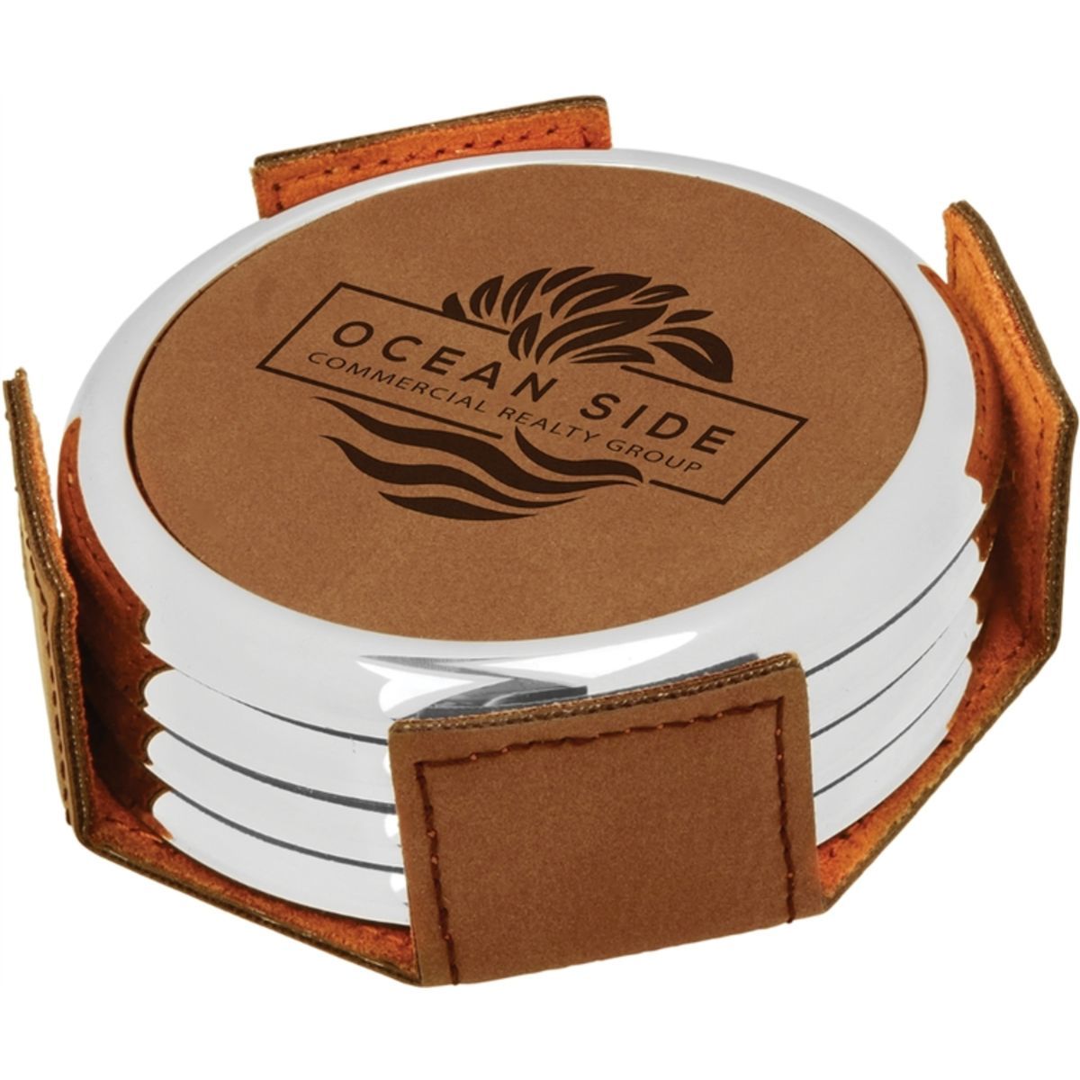 Dark Brown Leatherette Round Coaster Set of Four