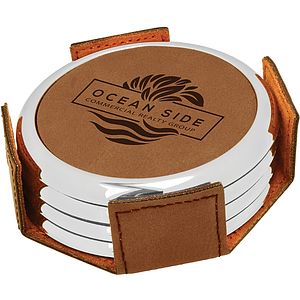 Dark Brown Leatherette Round Coaster Set of Four