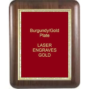 6" x 8" Genuine Walnut Elliptical Edge Round Corner Plaque with a Burgundy Florentine Plate.