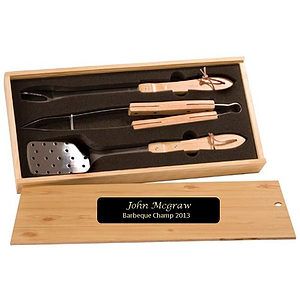 Three Piece BBQ Set in Wooden Pine Box with an engraved plate