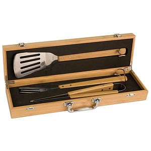 Three Piece BBQ Set in Bamboo Case with an engraved plate
