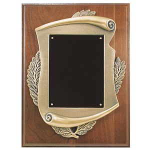 9" x 12" Walnut Step-Edge Plaque with Metal Scroll Frame.