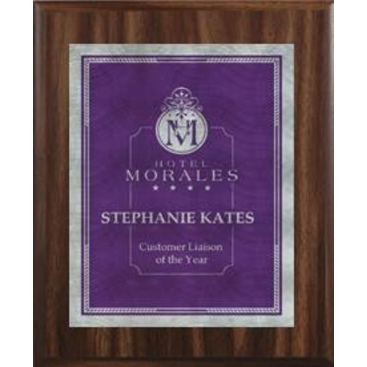 9" x 12" Classic Walnut Finish Plaque with a Purple/Silver Victory Sunray Plate