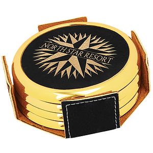 Black Leatherette Round Coaster Set of Four