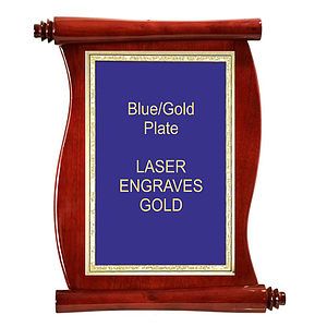 10-1/2" x 14" Rosewood Piano Finish Scroll Plaque with a Blue Florentine Plate