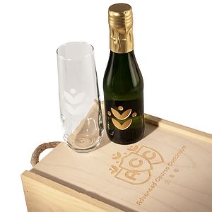 Laser-Engraved Double Half-Sized Wood Box w/Etched Mini Sparkling Wine + Flute