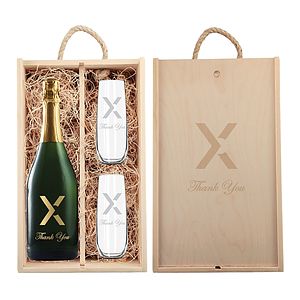 Laser-Engraved Wood Box w/Custom Etched Sparkling Wine Bottle + Flutes