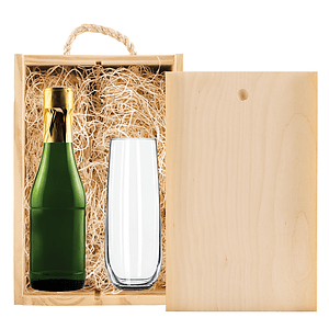 Laser-Engraved Double Half-Sized Wood Box w/Etched Mini Sparkling Wine + Flute