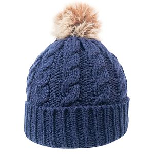 Cable Knit Beanie w/Faux Fur Pom