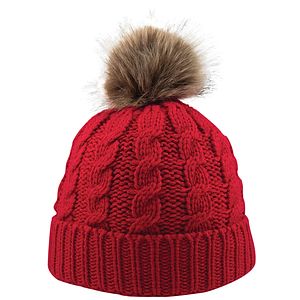 Cable Knit Beanie w/Faux Fur Pom