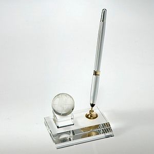 Desktop Award-Crystal Globe Pen Set w/Silver Ballpoint Pen