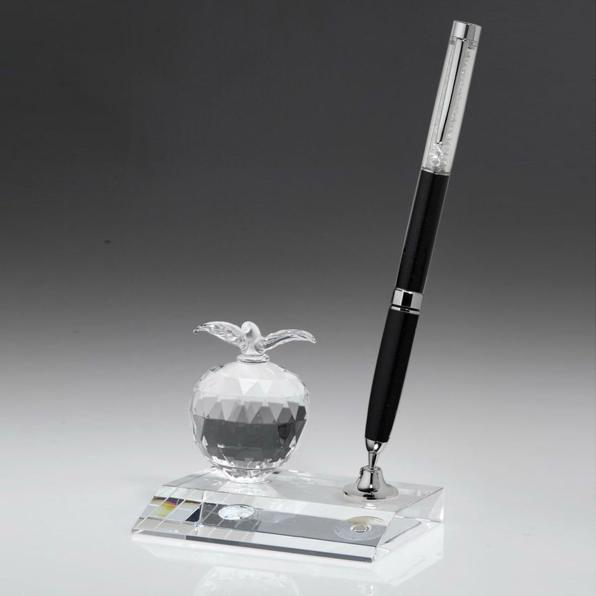 Desktop, Award-Crystal Apple Pen Set w/ Black Ballpoint Pen_D698CA