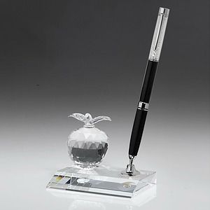 Desktop, Award-Crystal Apple Pen Set w/ Black Ballpoint Pen_D698CA