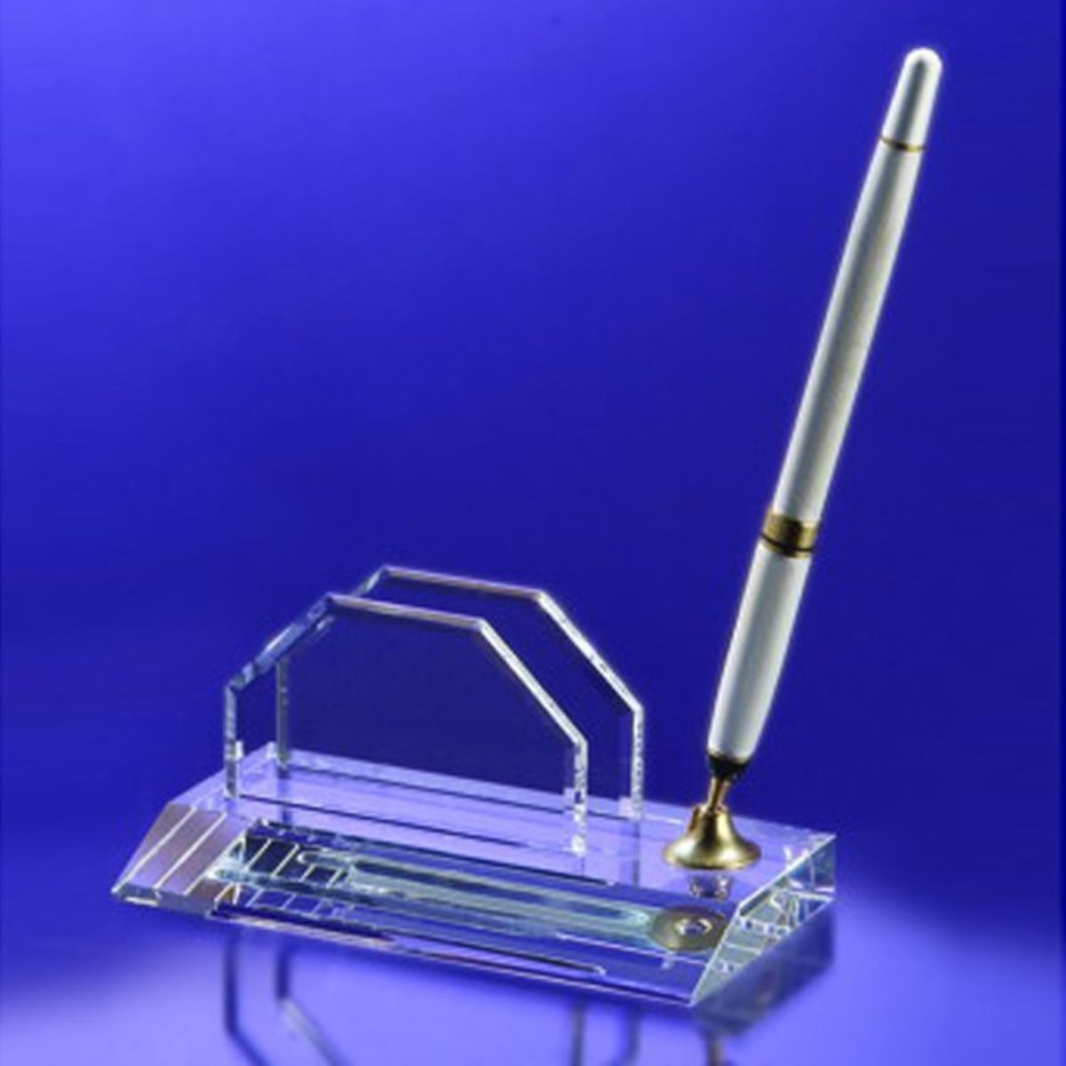 Crystal Award Business card holder Pen Set w/Silver Ballpoint Pen