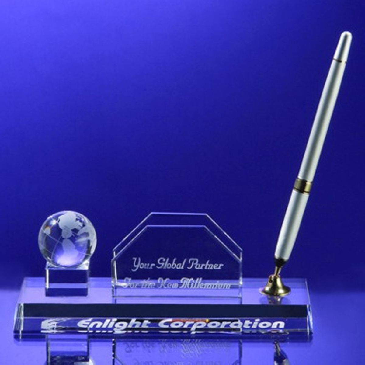 Desktop, Award-Business card holder with Globe Pen Set w/ Silver Ballpoint Pen_D448CA