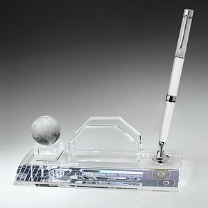 Desktop, Award-Business card holder with Globe Pen Set w/ White Ballpoint Pen_D707CA