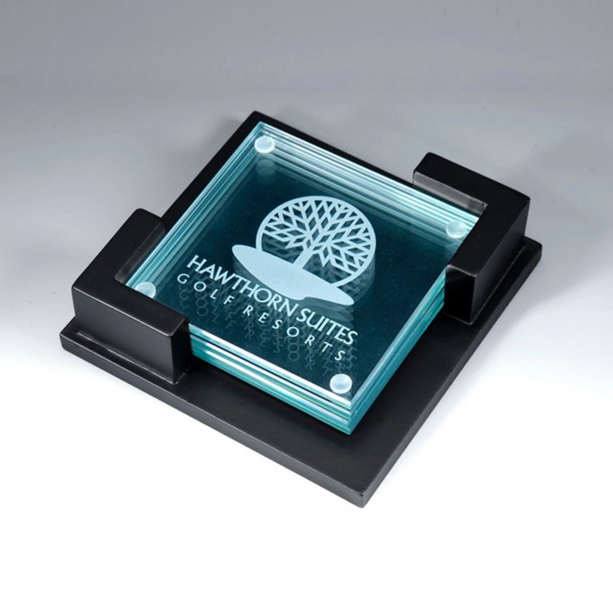 Award- Awards, Trophy, 4pcs Clear Glass Coaster w/wooden holder