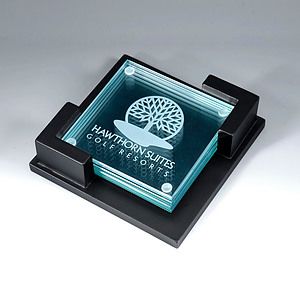 Award- Awards, Trophy, 4pcs Clear Glass Coaster w/wooden holder