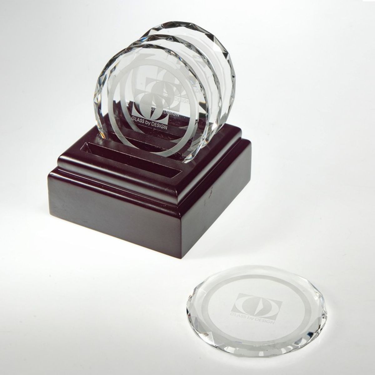 4pcs 3 1/2" Optical crystal coaster with wooden base