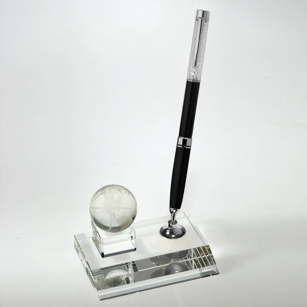 Desktop Award-Crystal Globe Pen Set w/Black Ballpoint Pen