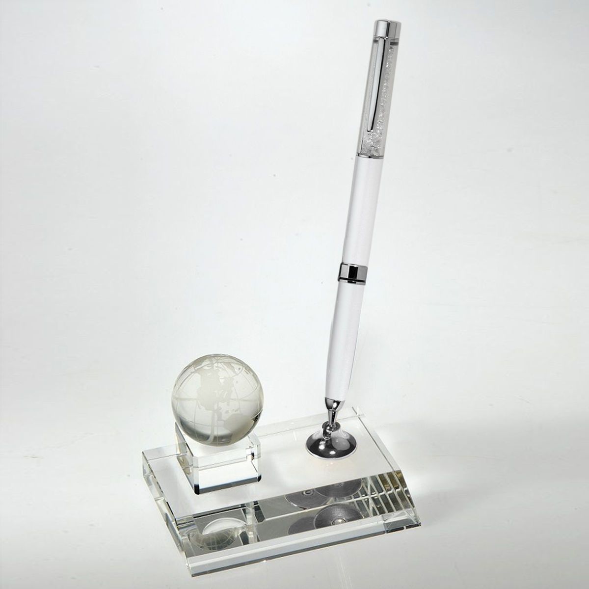 Desktop Award-Crystal Globe Pen Set w/White Ballpoint Pen