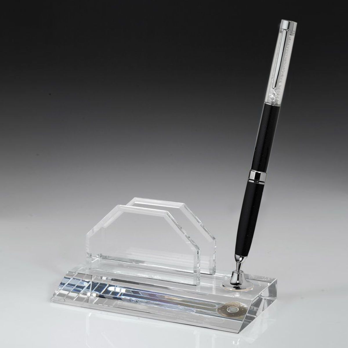 Crystal Award Business card holder Pen Set w/Black Ballpoint Pen