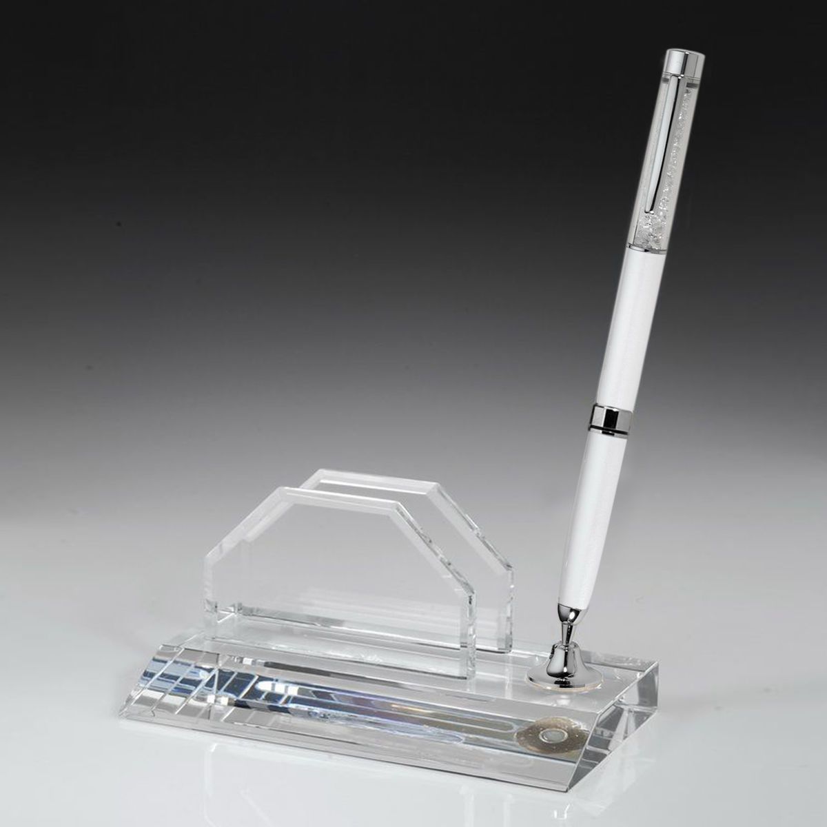 Crystal Award Business card holder Pen Set w/White Ballpoint Pen