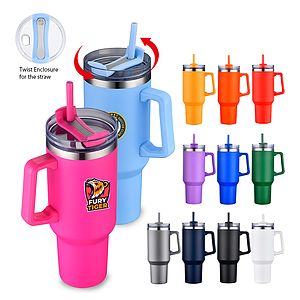 40 Oz. Boxed Two Tone Travel Handle Mug with Twist Closure Straw Lid