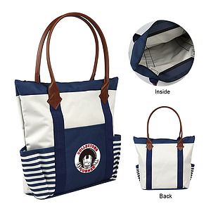 600D Navy Style Boat Tote Bag w/Leather Handles