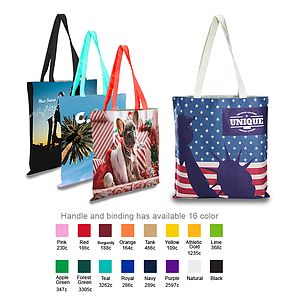 Free Shipping Sublimated 5oz Cotton Canvas Tote bag w/Color Accent Handle