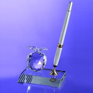 Desktop, Award-Crystal Apple Pen Set w/ Silver Ballpoint Pen_D442CA