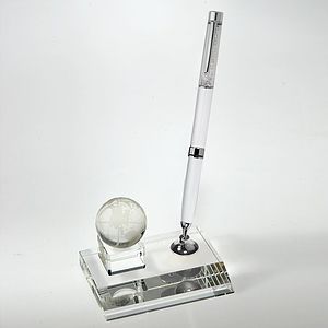 Desktop Award-Crystal Globe Pen Set w/White Ballpoint Pen