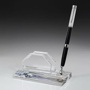 Crystal Award Business card holder Pen Set w/Black Ballpoint Pen