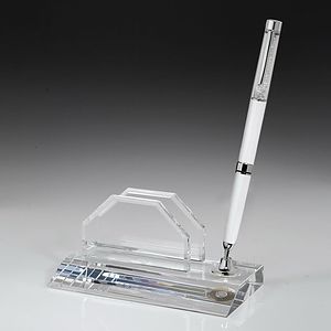 Crystal Award Business card holder Pen Set w/White Ballpoint Pen