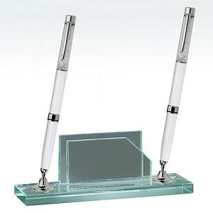 Desktop, Award-Pen Set w/ Business Card Holder -2 White pens_D717GA